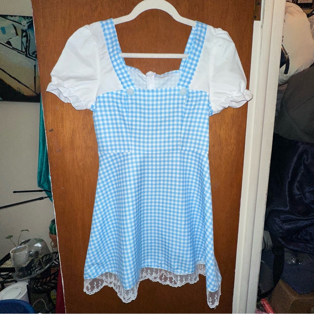 Shein Blue & White Gingham Print Square Neck Puff Sleeve Dress-Dorothy Costume